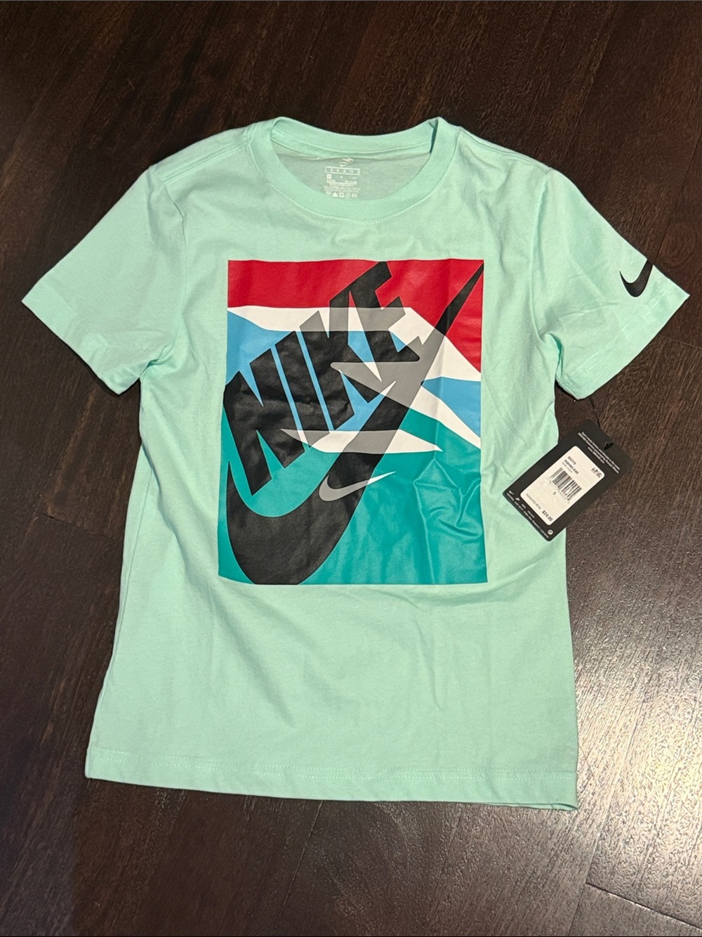 Nike Men’s Mint Green Short Sleeve Graphic Tee with Multicolor Swoosh